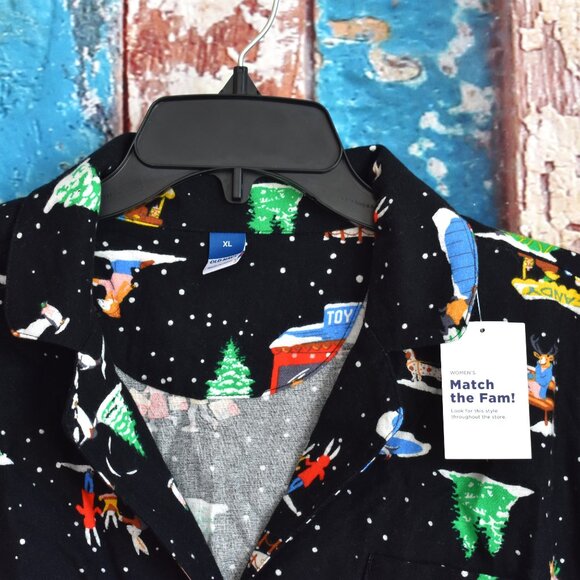 Women's Old Navy Flannel Pajama Shirt Christmas I Love Snow XLARGE Black NEW - Picture 3 of 10